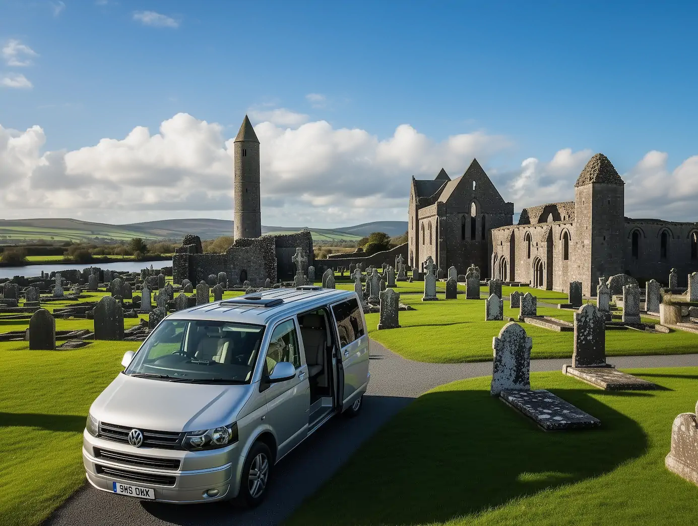 Our pristine silver VW Transporter van at the historic Rock of Cashel